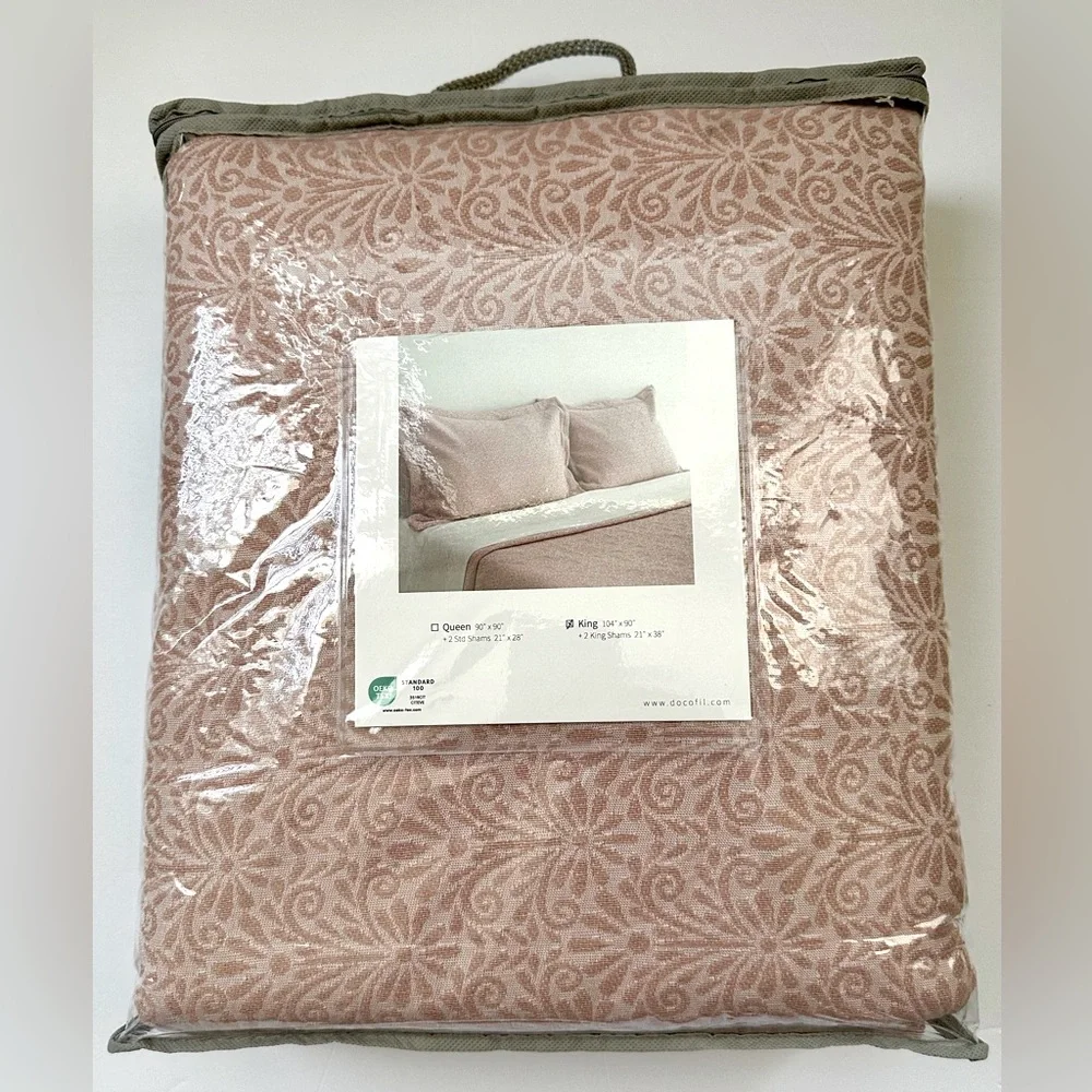 🎁Docofil White 3 Piece Duvet Set - Textured Pastel Pink/Mauve - King Size Cotton